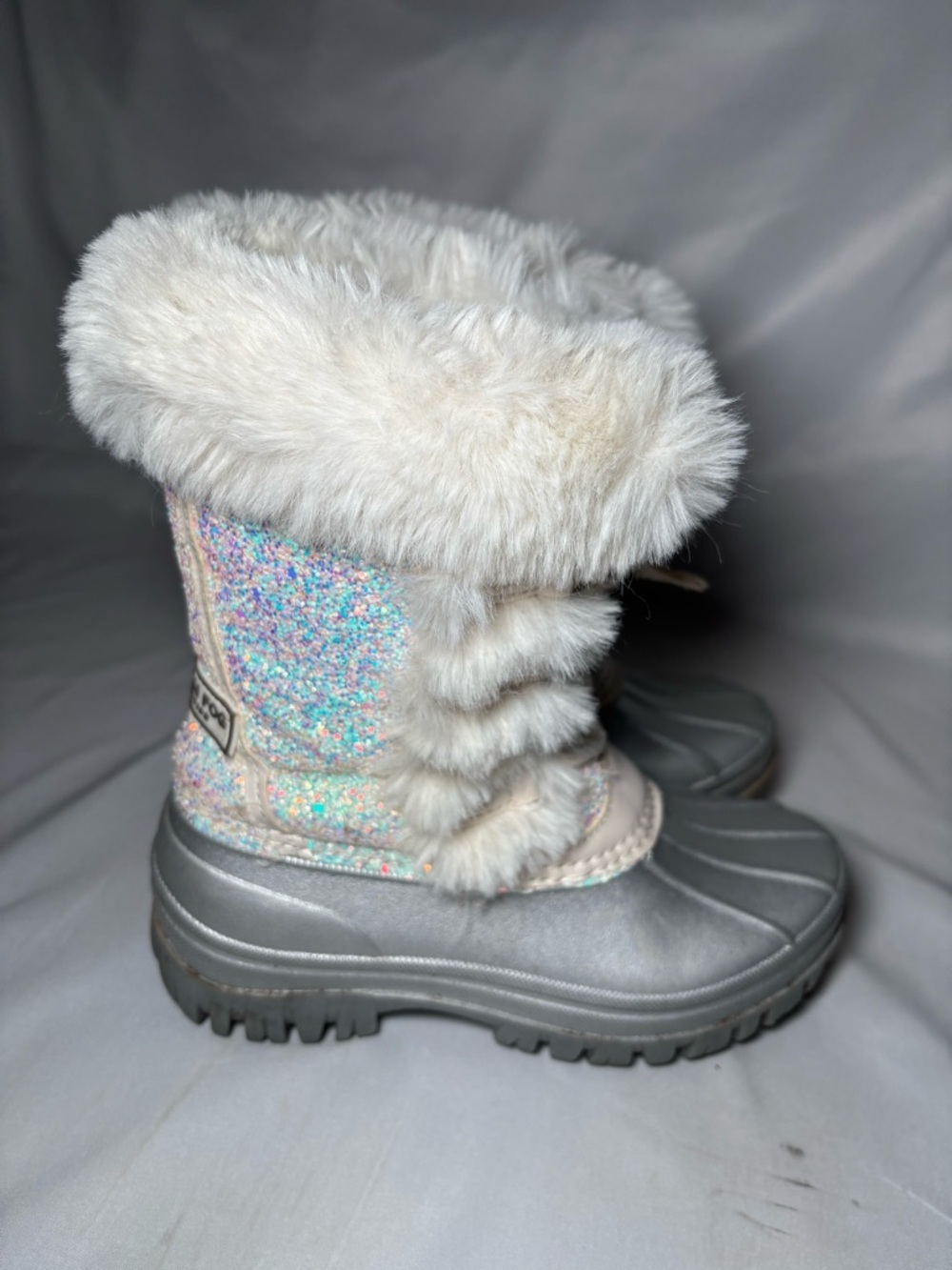 London Fog Glitter Faux Fur Winter Snow Boots Kids Silver Sparkle